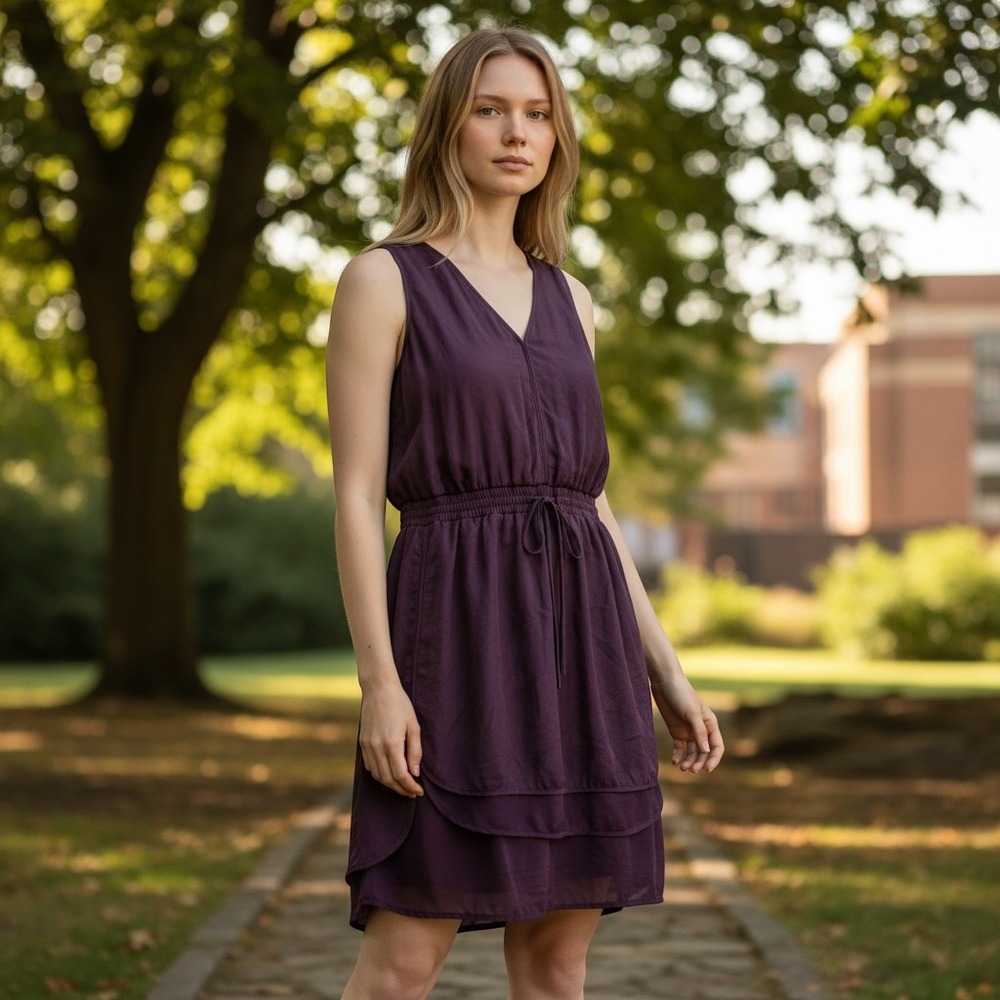 Rebecca Taylor Plum Purple Sleeveless V-Neck Drawstring Waist Dress Sz 2
